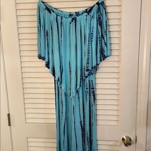 Soft Surroundings Blue Tie-Dye Elastic Off Shoulder Peak Overlap Maxi Dress